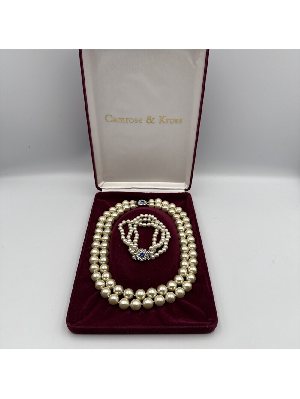 Camrose & Kross Double Strand Faux Pearl Beaded Necklace and Bracelet Blue Clasp